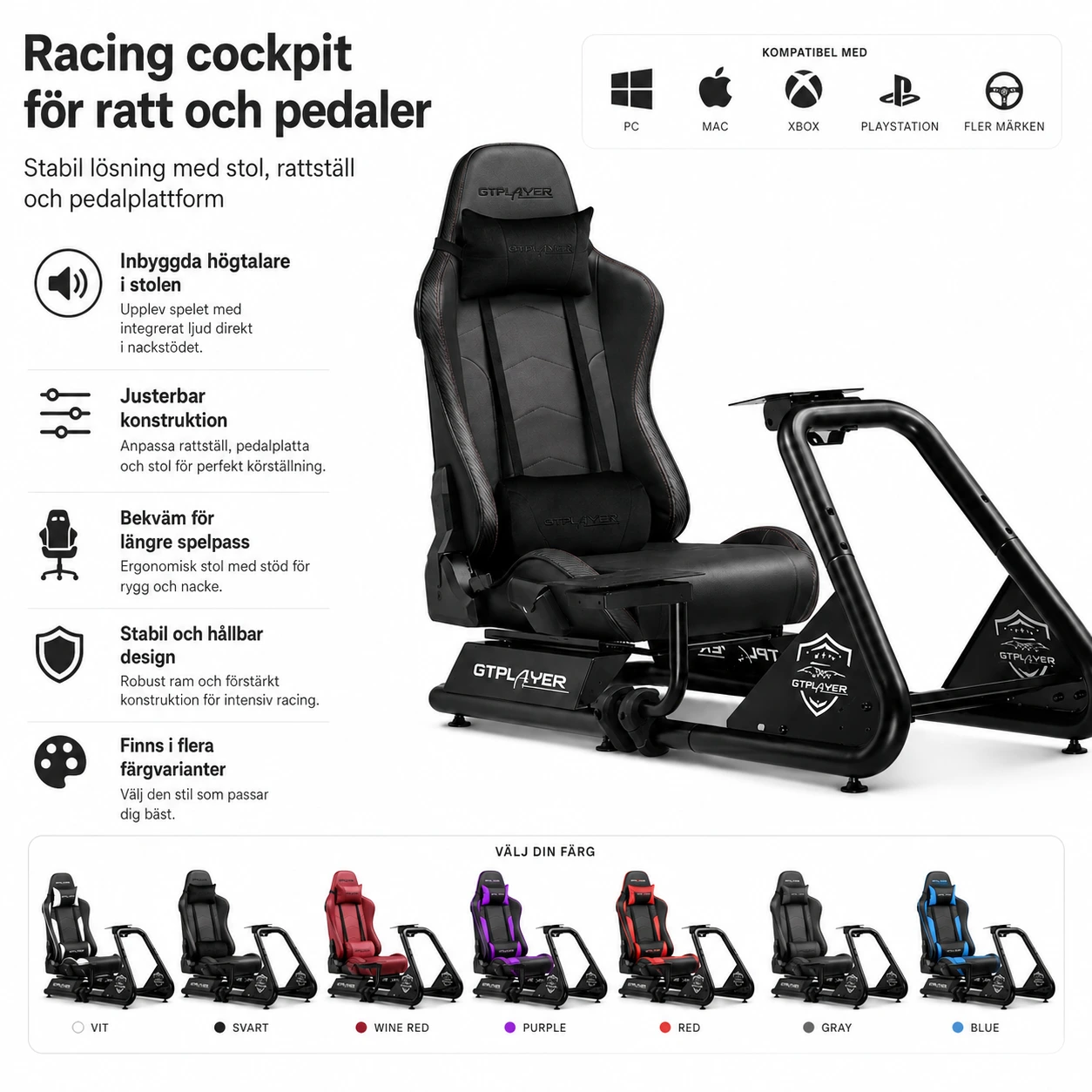 Racing cockpit för ratt och pedaler med stol