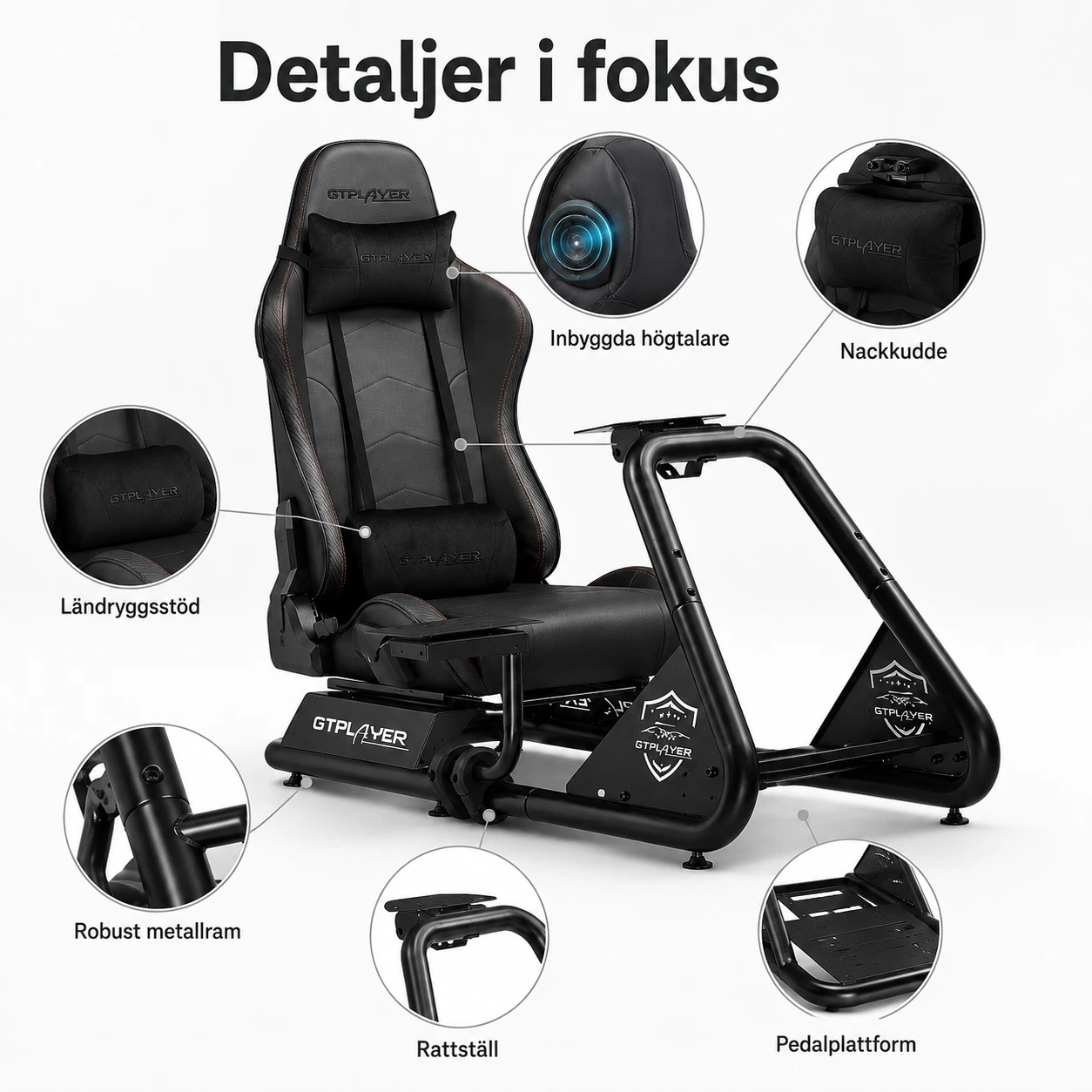 Racing cockpit för ratt och pedaler med stol