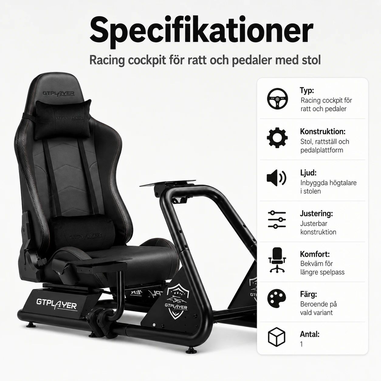 Racing cockpit för ratt och pedaler med stol