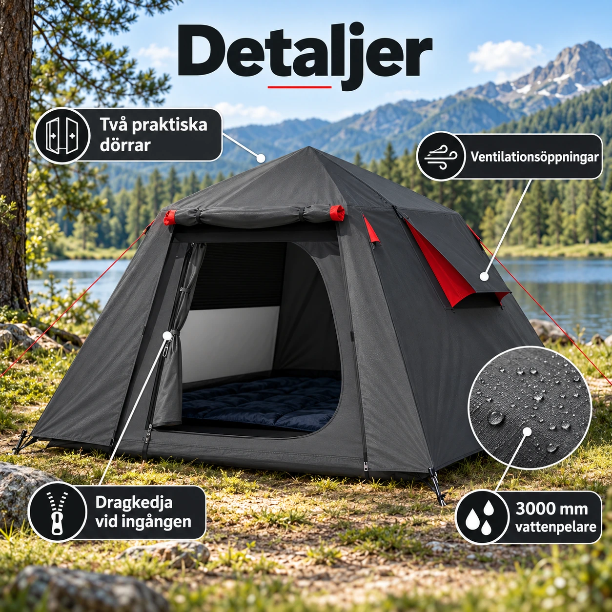 Kupoltält för camping med två dörrar och 3000 mm vattenpelare