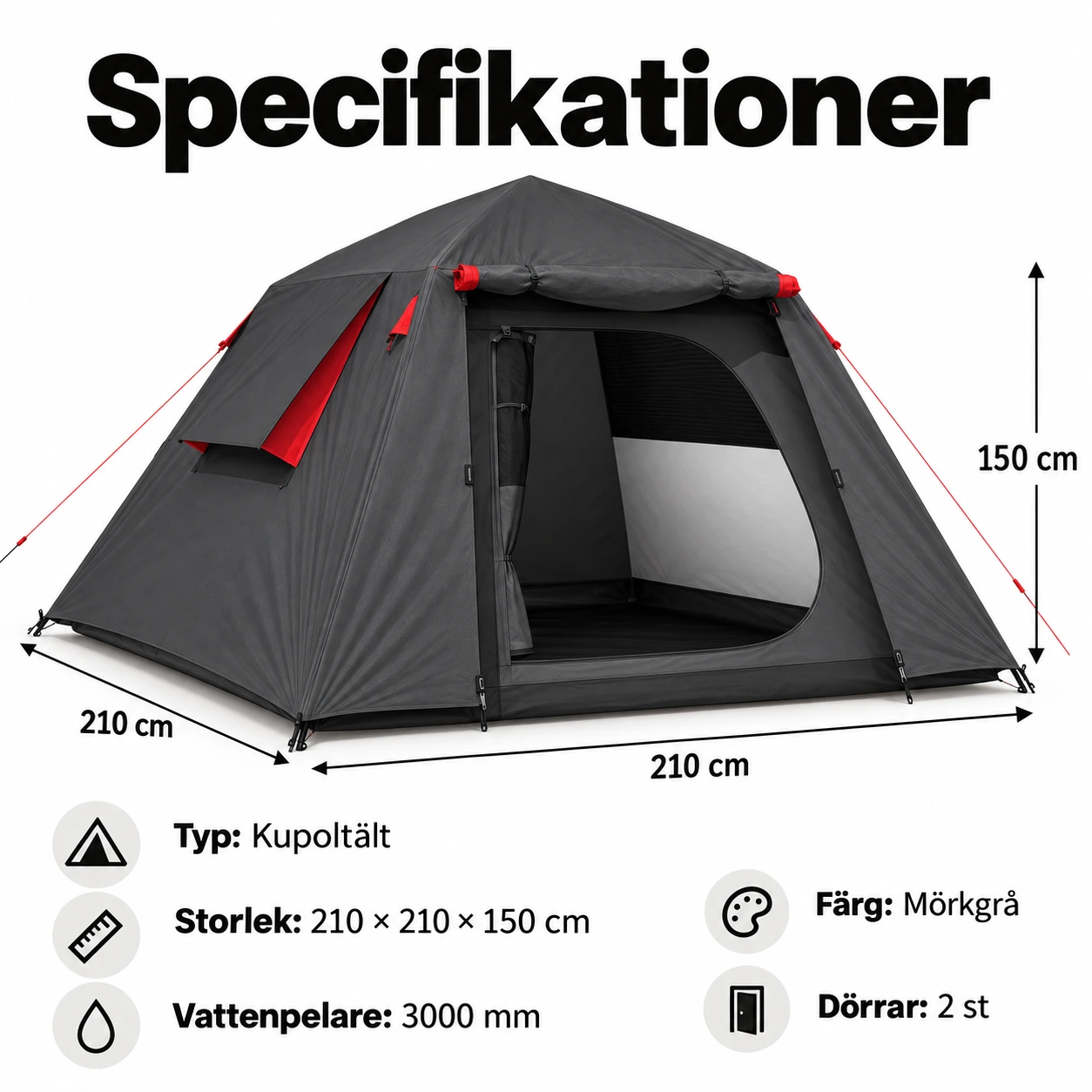 Kupoltält för camping med två dörrar och 3000 mm vattenpelare