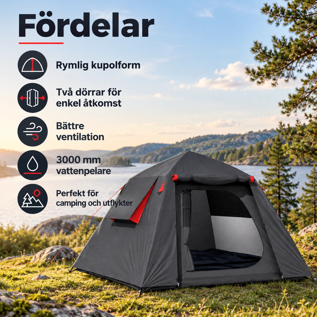 Kupoltält för camping med två dörrar och 3000 mm vattenpelare