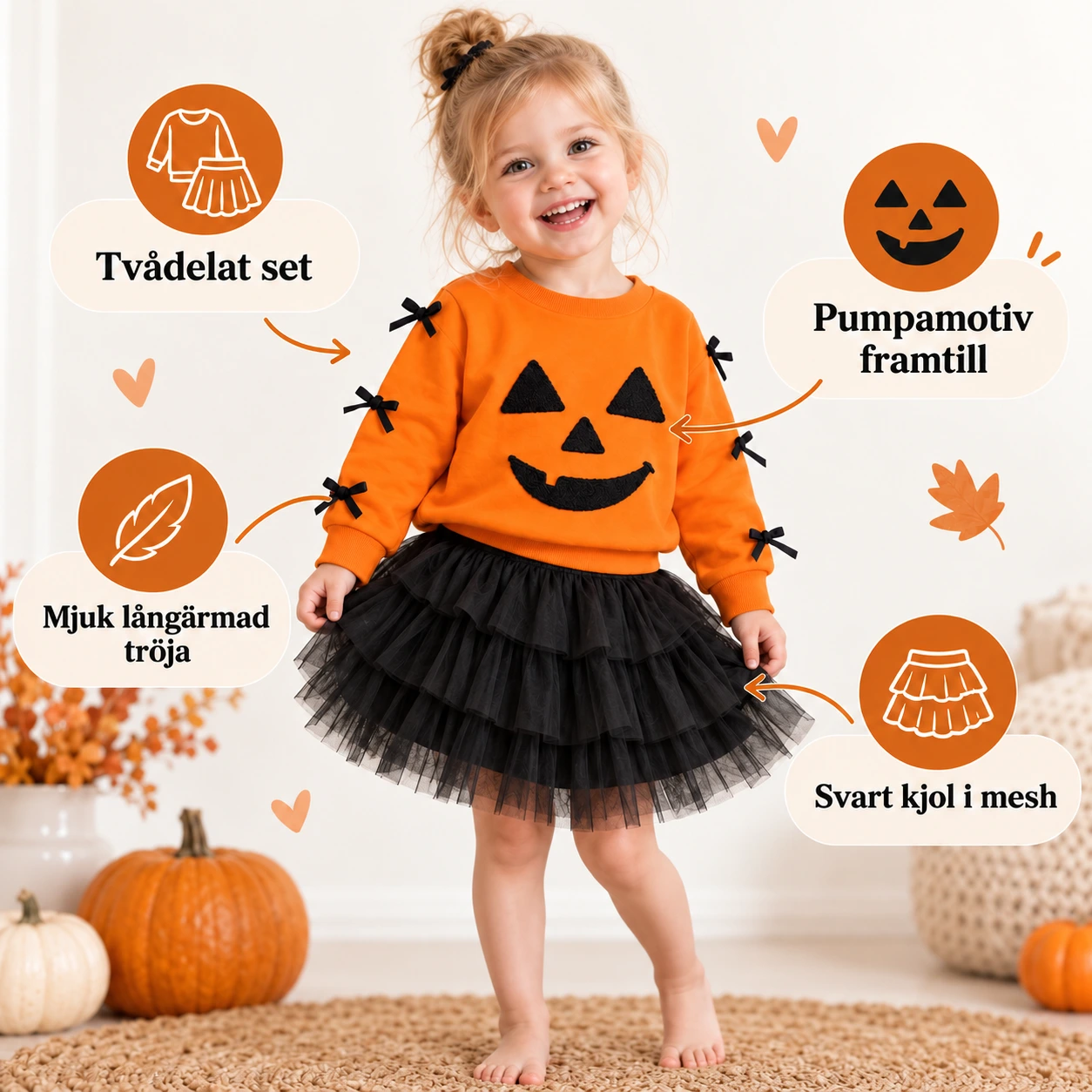 Halloweenkläder för småbarn med tröja och kjol