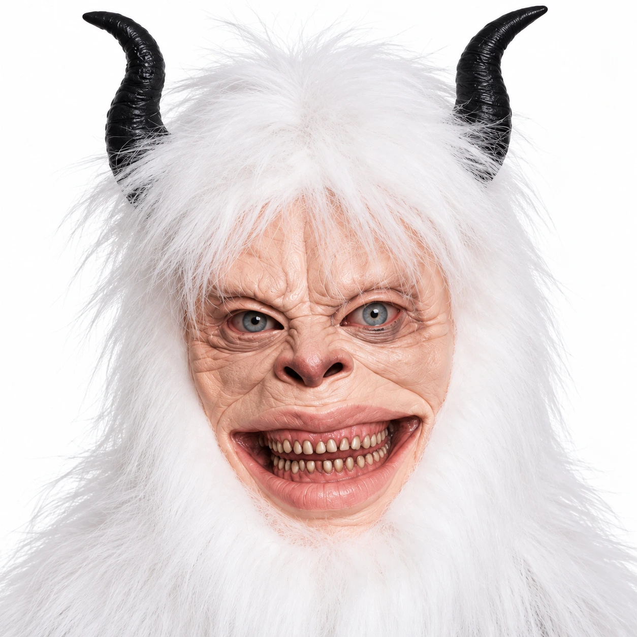 Vit Hårig Yeti Monster Latexmask med Horn