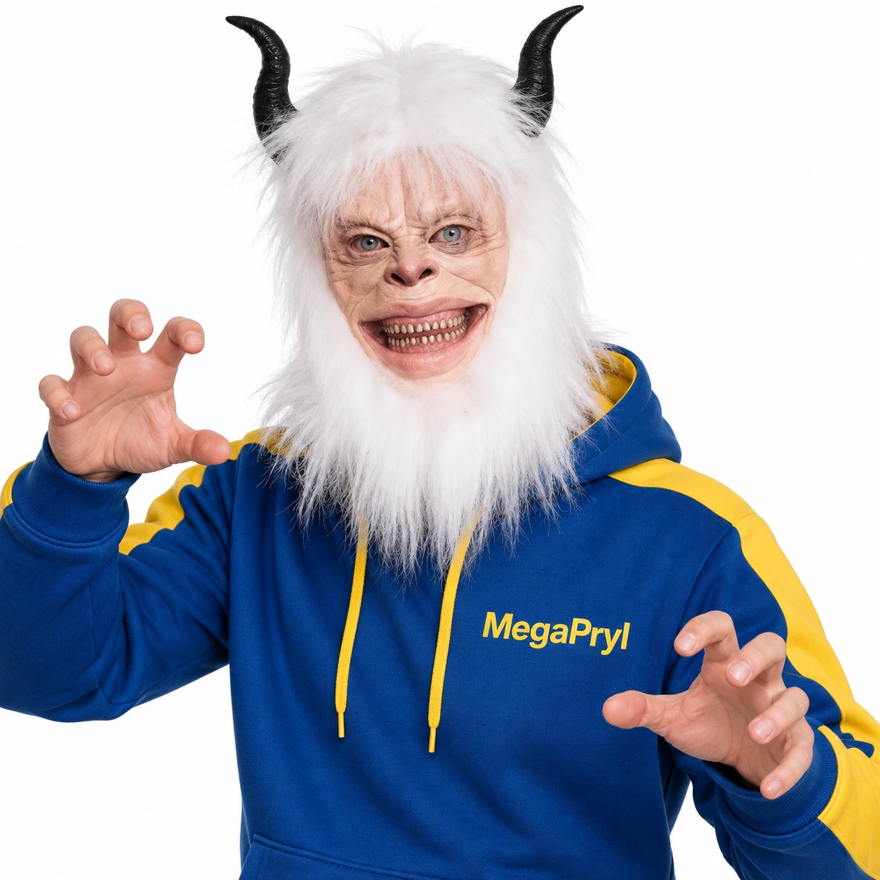 Vit Hårig Yeti Monster Latexmask med Horn