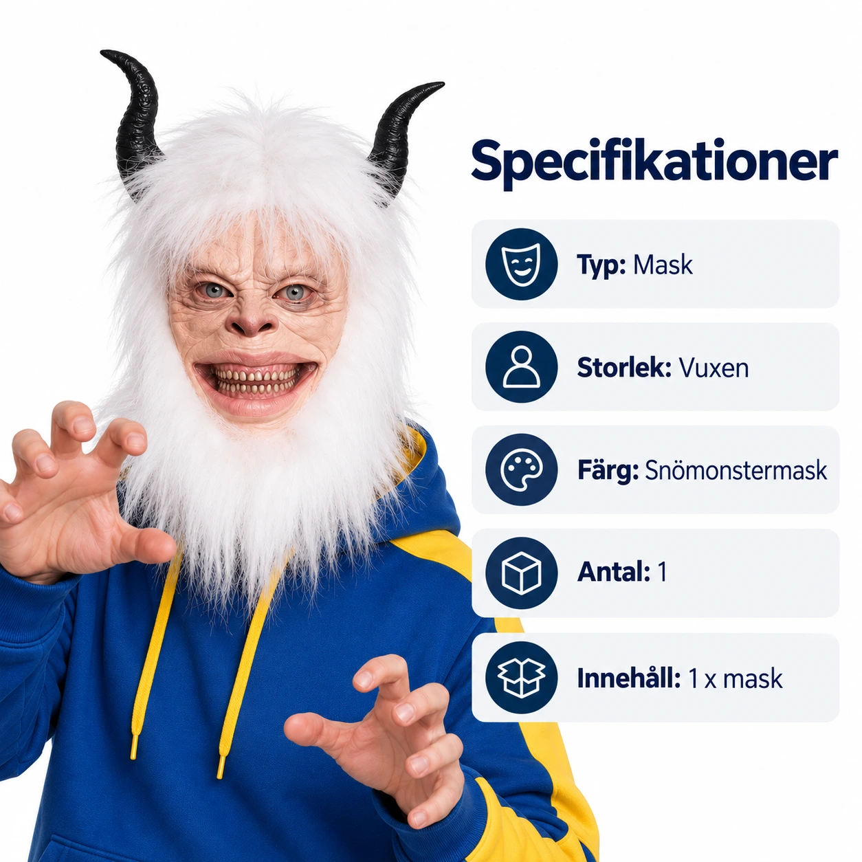 Vit Hårig Yeti Monster Latexmask med Horn