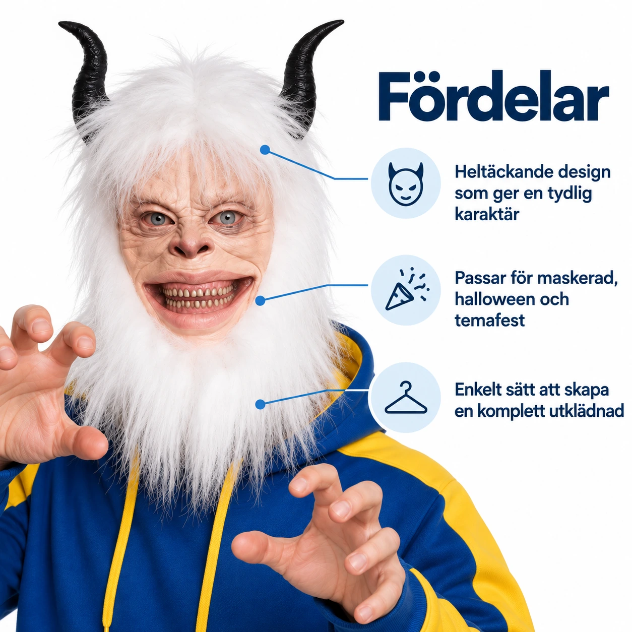 Vit Hårig Yeti Monster Latexmask med Horn