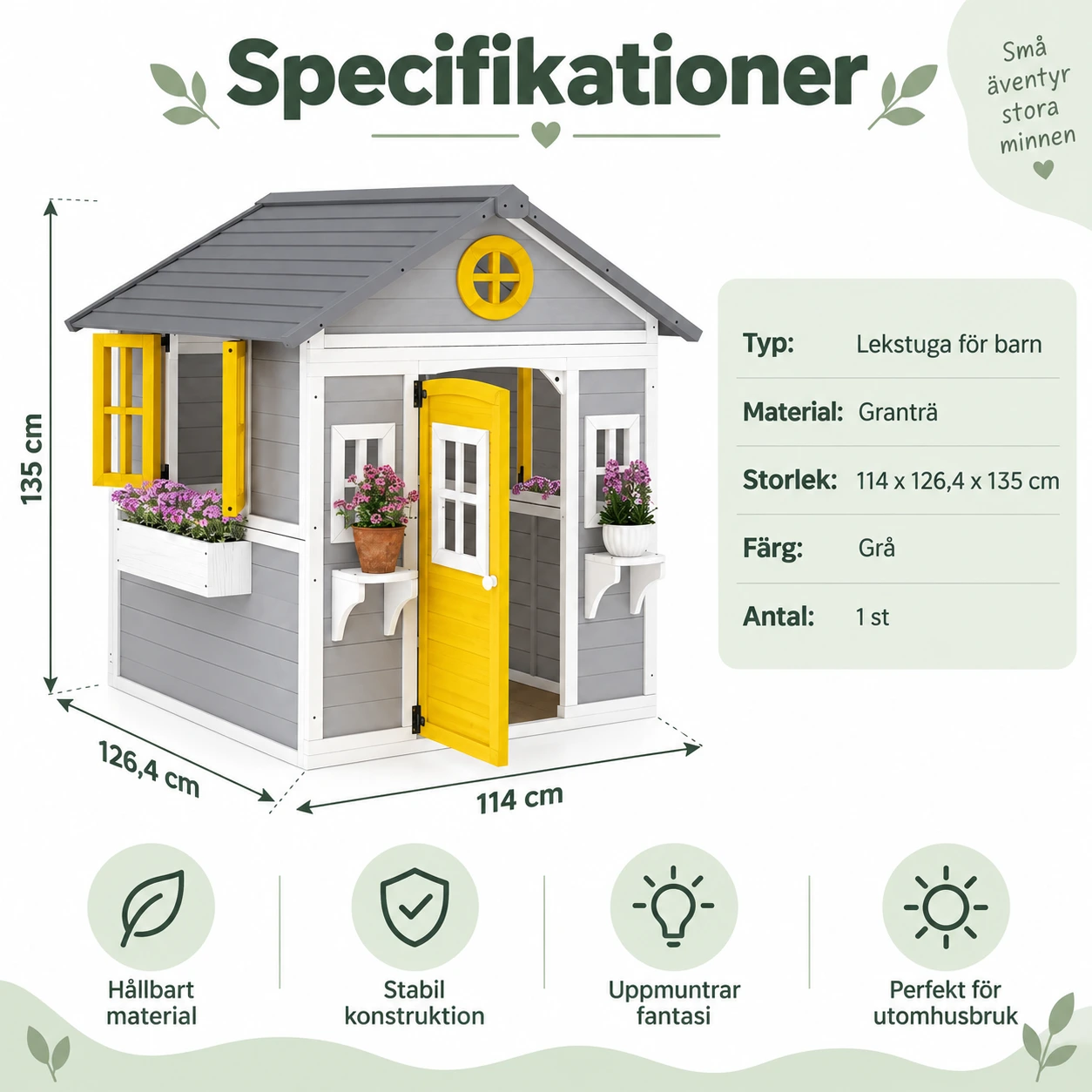 Puinen leikkimökki puutarhaan, ovi ja ikkunat