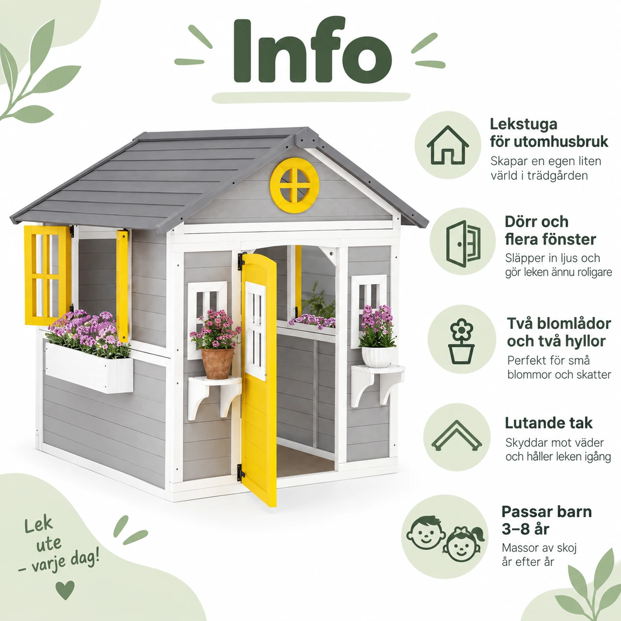 Lekstuga i trä för trädgården med dörr och fönster