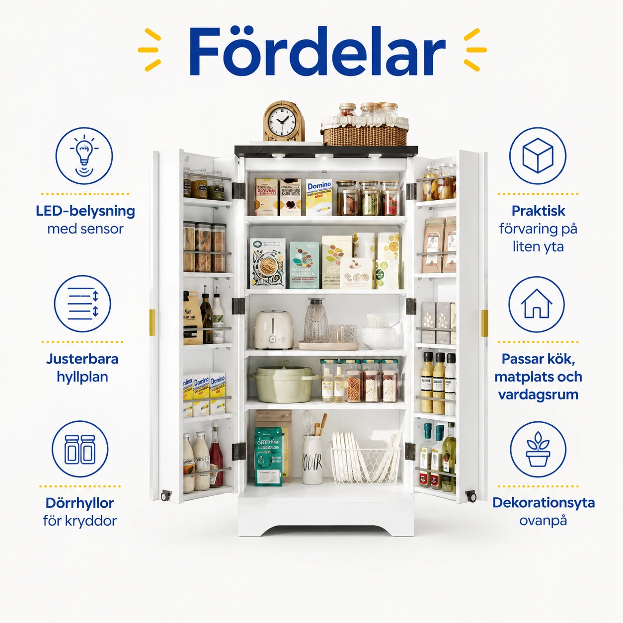 Skafferiskåp med LED-belysning och kryddhyllor 120 cm