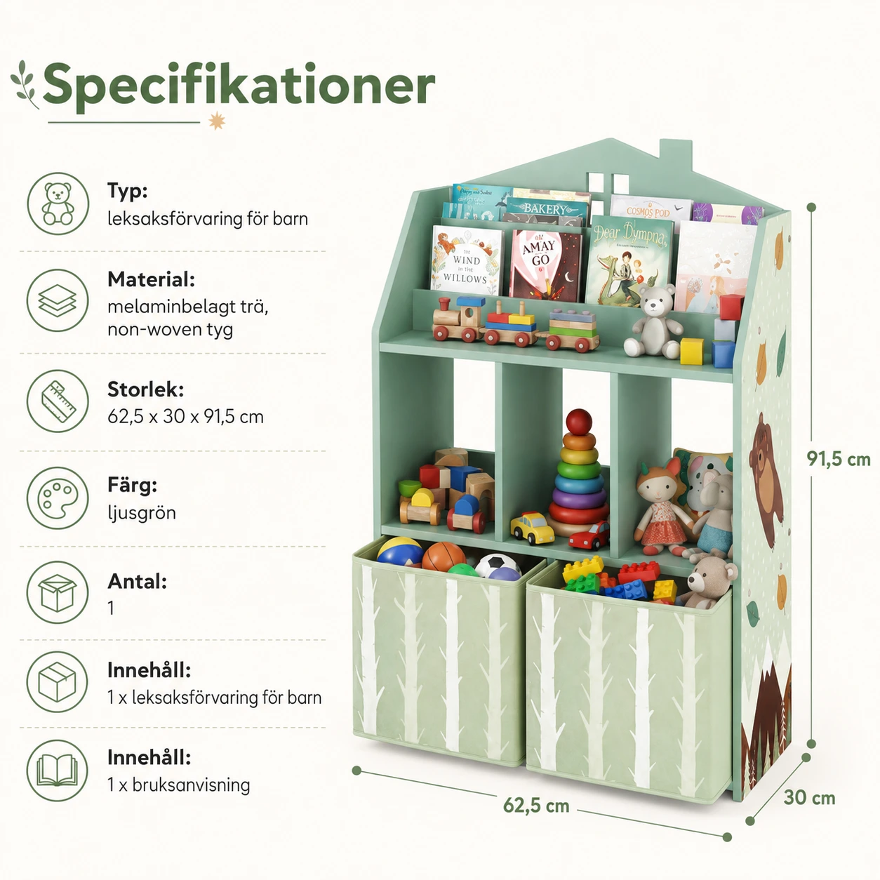 Leksaksförvaring för barn med bokhylla och tygboxar