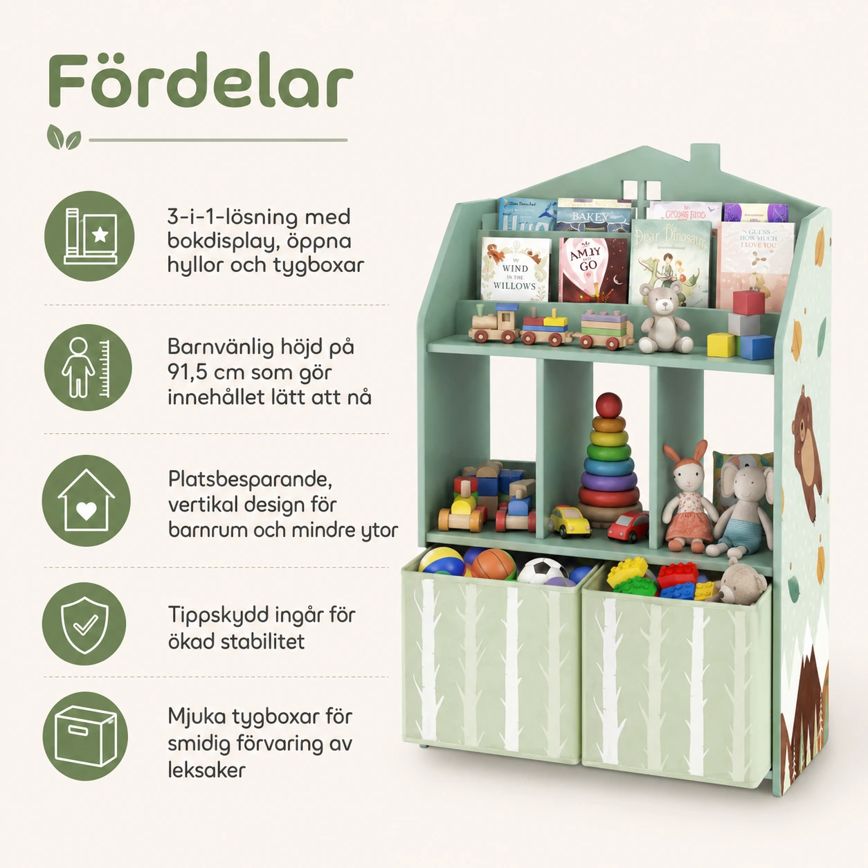 Leksaksförvaring för barn med bokhylla och tygboxar