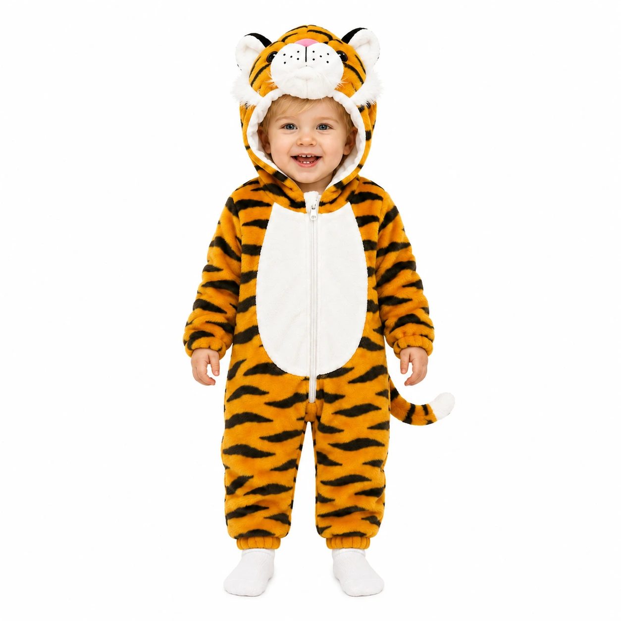 Tigerdress Barn – Mjuk Flanelloverall med Huva & Svans