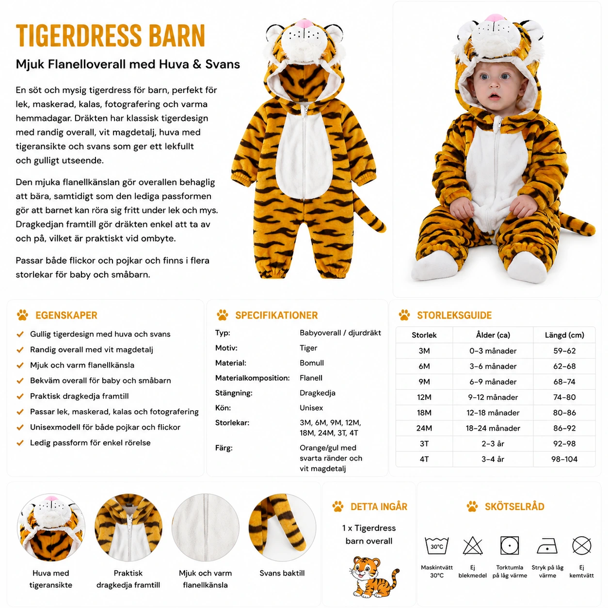 Tigerdress Barn – Mjuk Flanelloverall med Huva & Svans