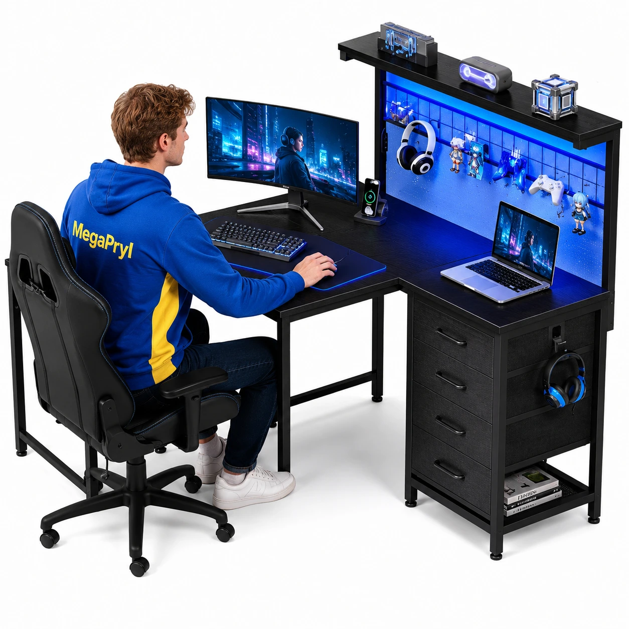 L-format gamingbord med hylla, LED och 4 lådor