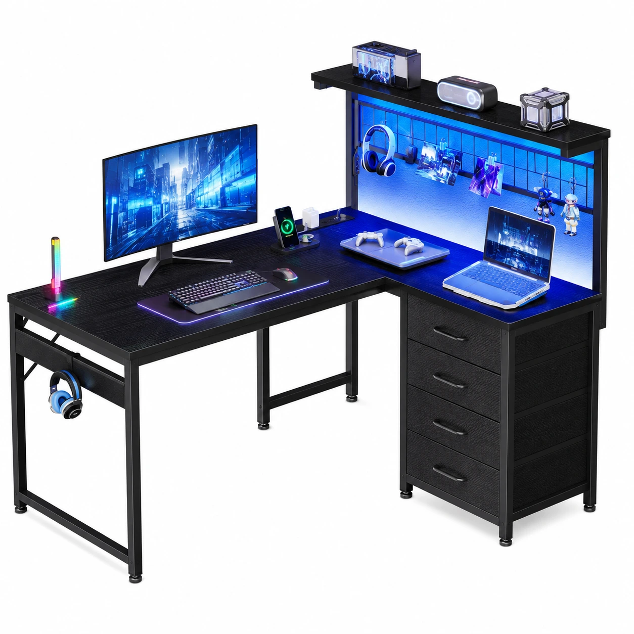 L-format gamingbord med hylla, LED och 4 lådor
