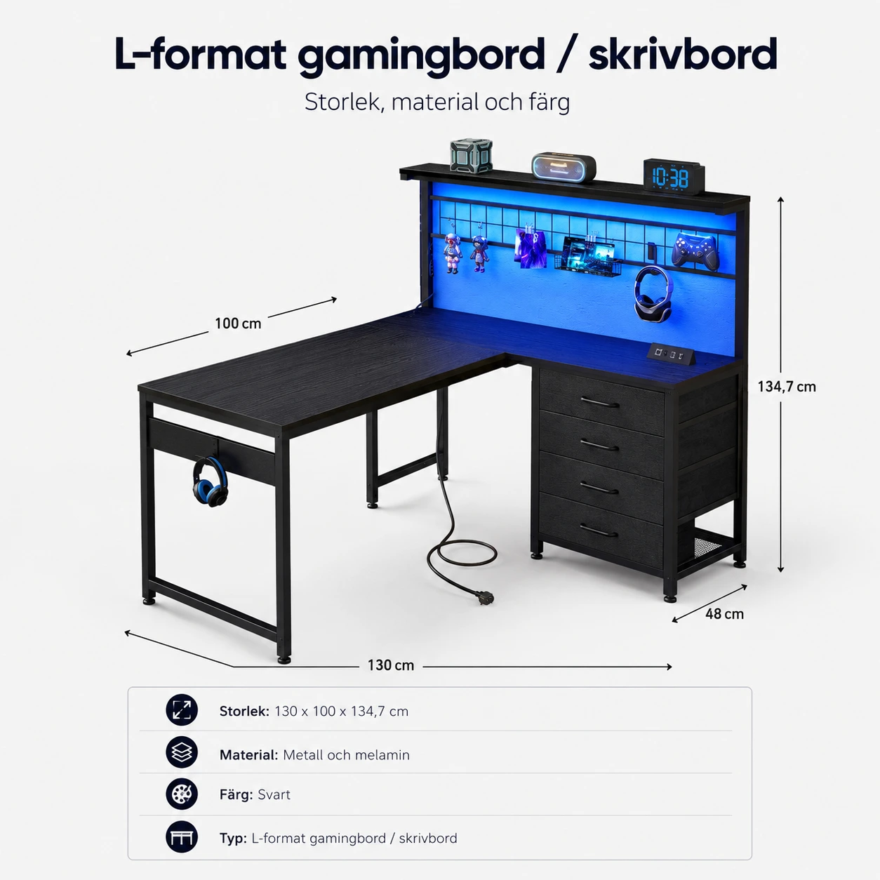 L-format gamingbord med hylla, LED och 4 lådor