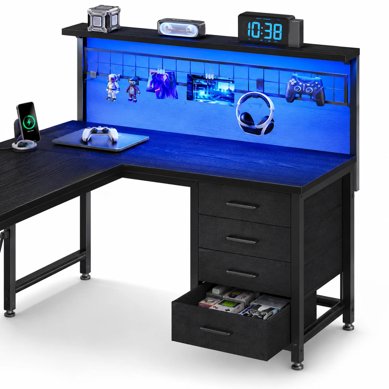 L-format gamingbord med hylla, LED och 4 lådor