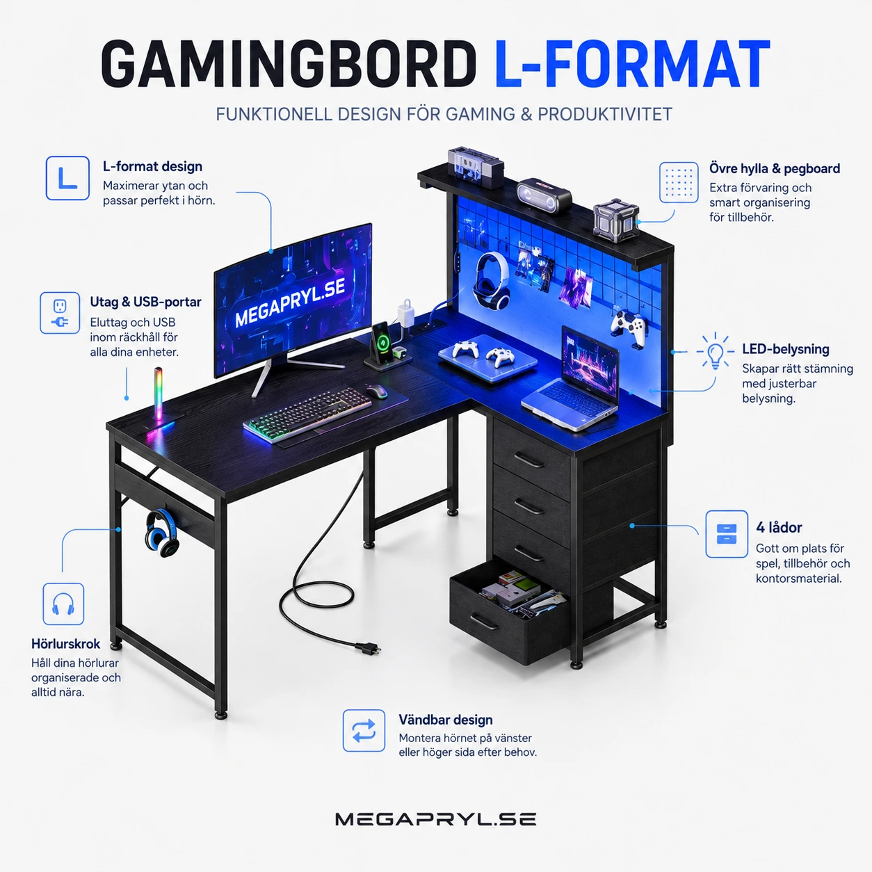 L-format gamingbord med hylla, LED och 4 lådor