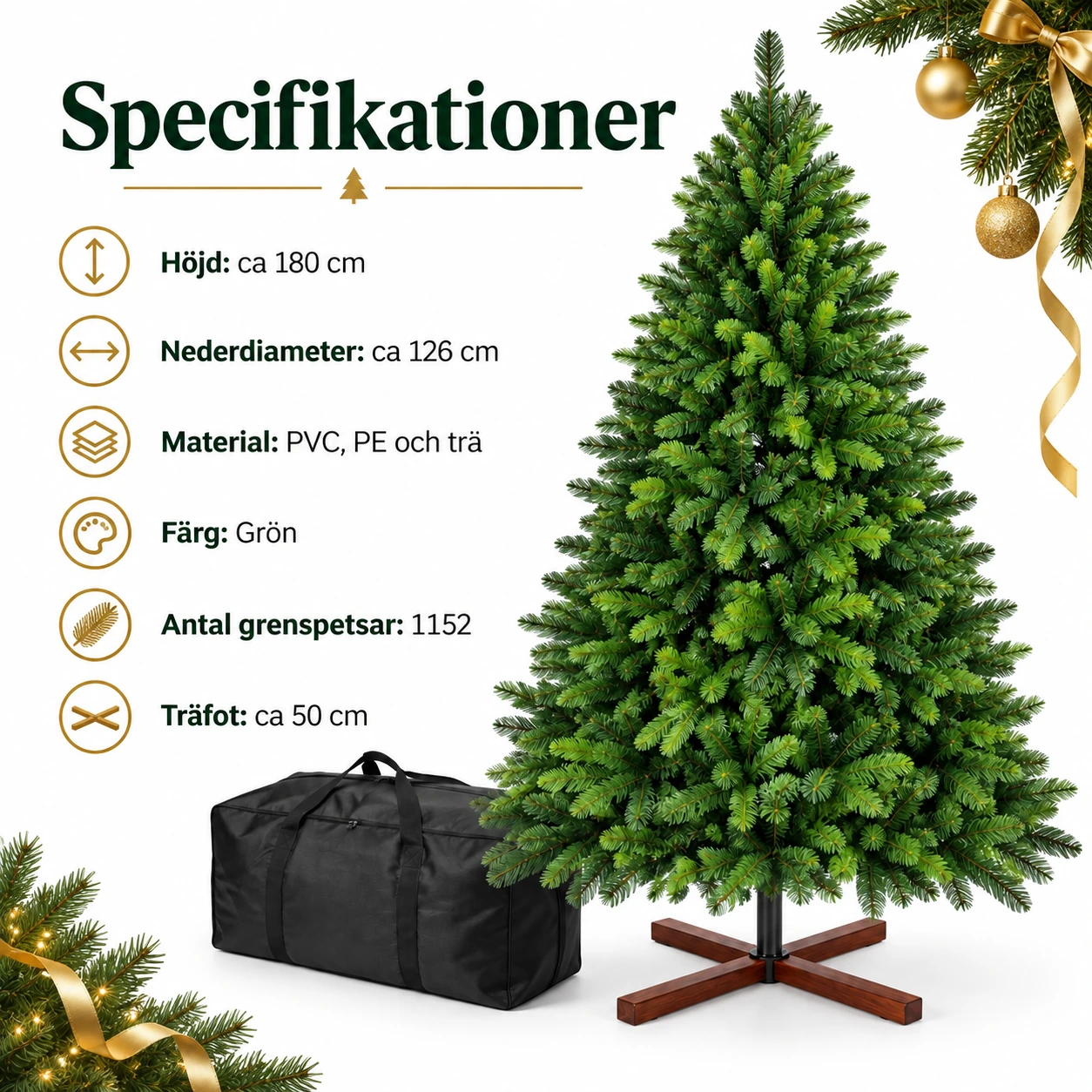 Tekojoulukuusi 180 cm puujalalla ja säilytyslaukulla