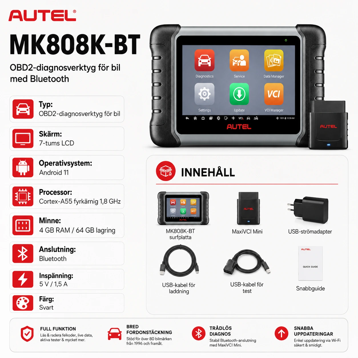 Autel MK808K-BT OBD2-diagnosverktyg för bil med Bluetooth