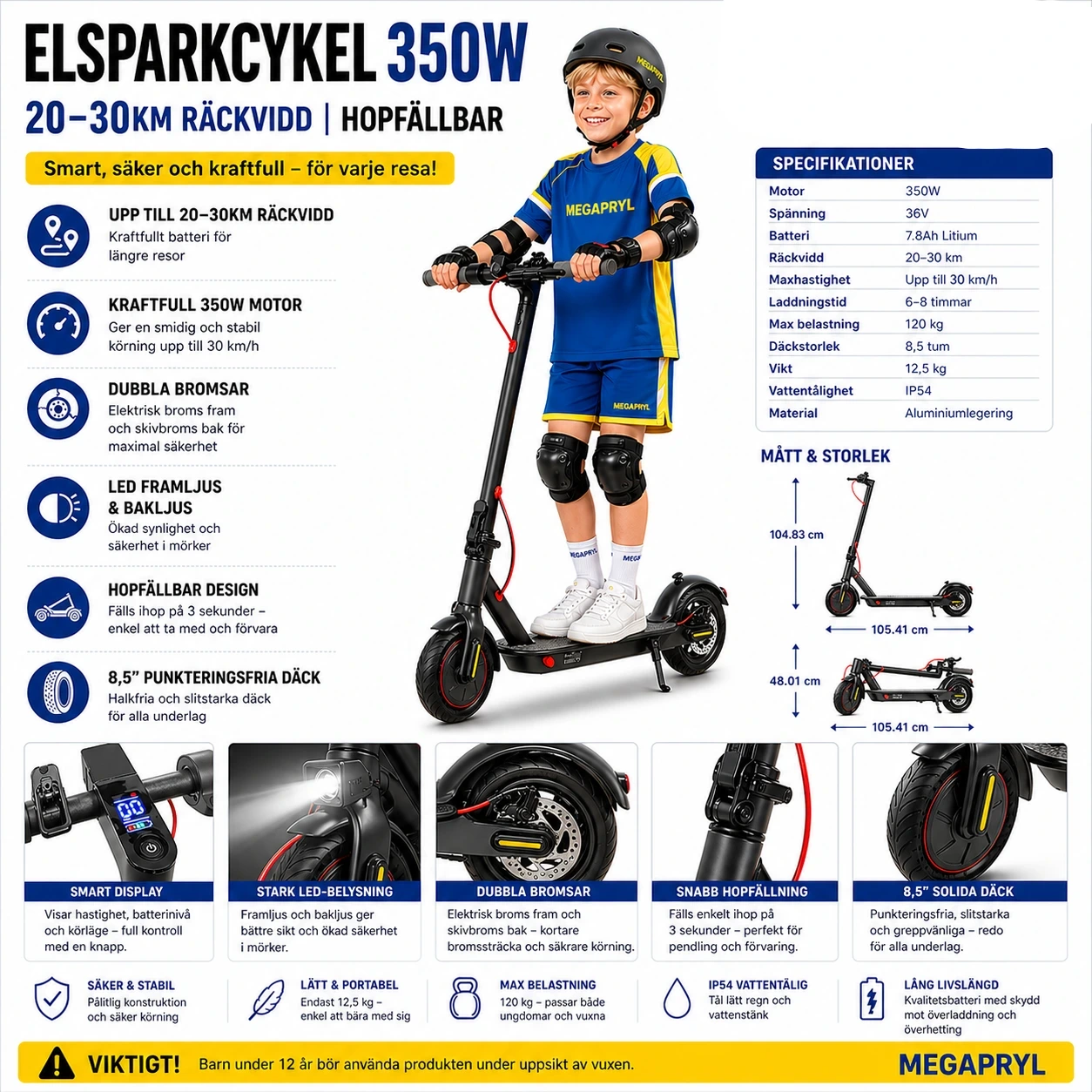 Elsparkcykel 350W – 20–30km Räckvidd, Hopfällbar