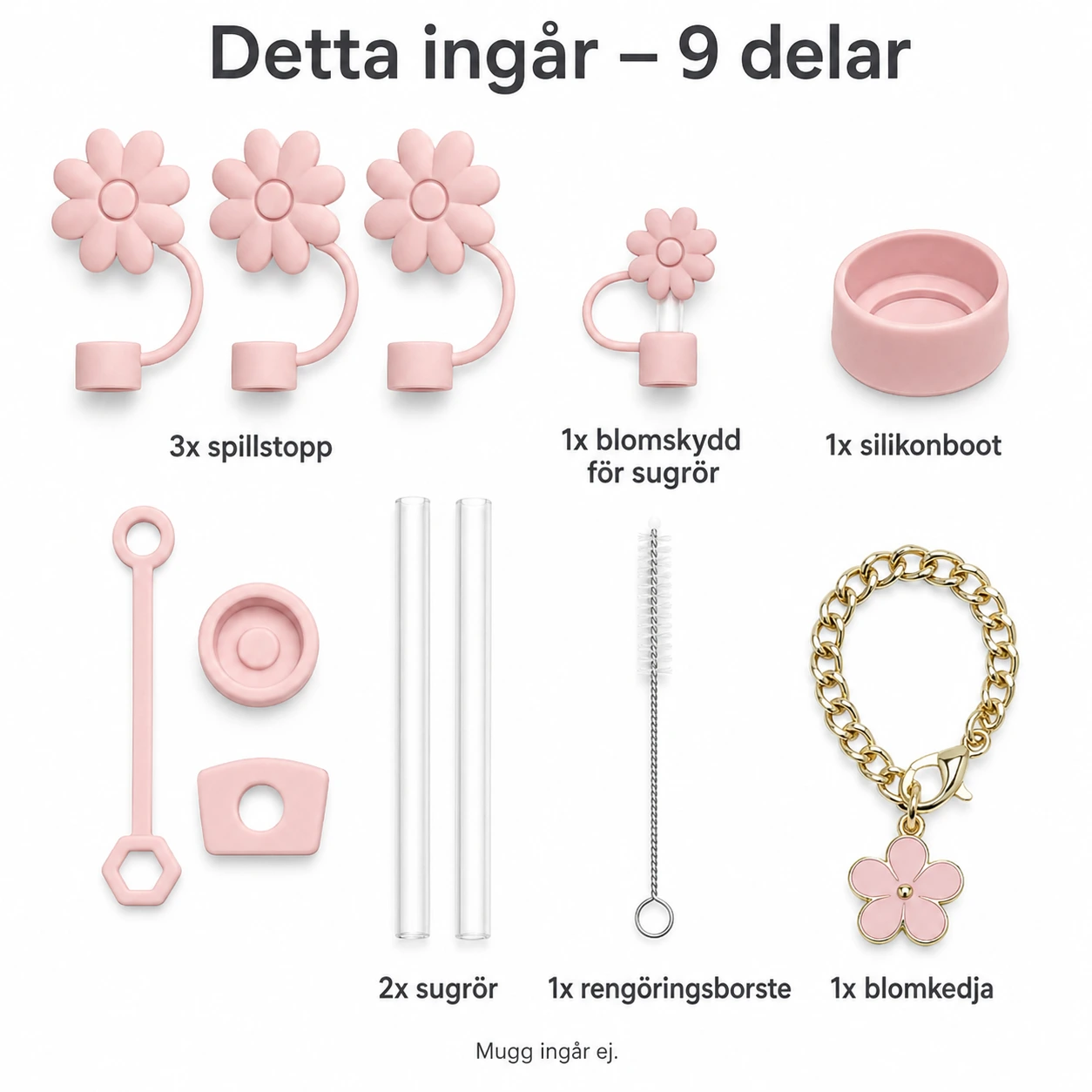 Muggtillbehör 9-delar med Sugrör och Blomma