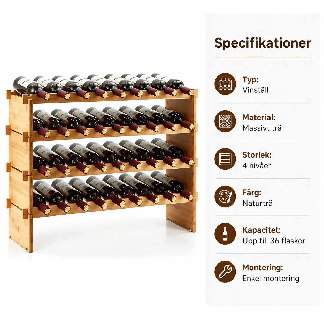 Vinställ i trä för 36 flaskor, stapelbart 4 nivåer