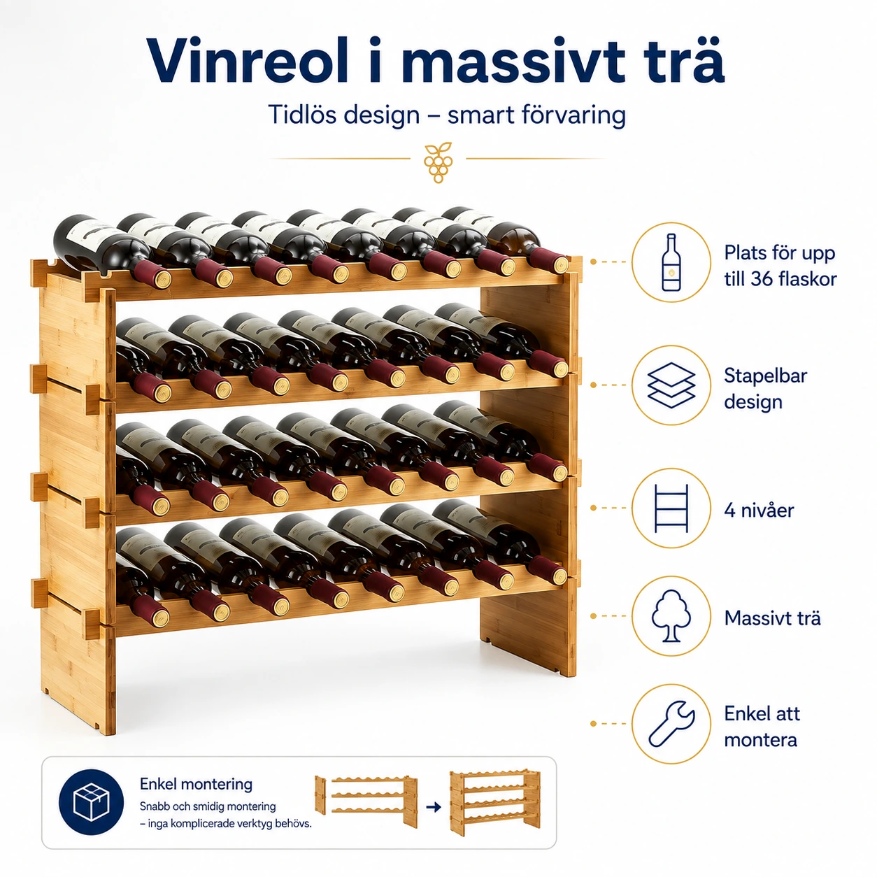 Vinställ i trä för 36 flaskor, stapelbart 4 nivåer