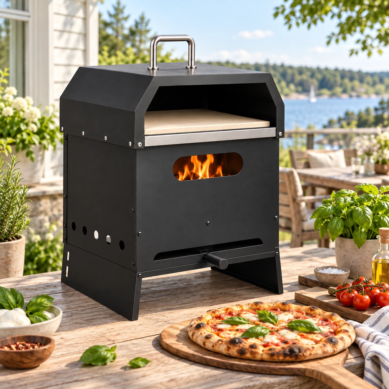 Puulämmitteinen pizzauuni pizzakivellä ulkokäyttöön