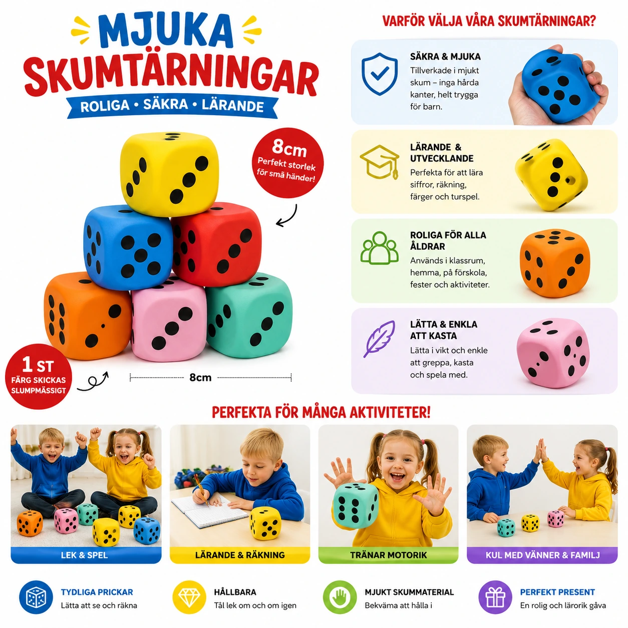 Stor Skumtärning 8 cm – Mjuk Tärning för Barn