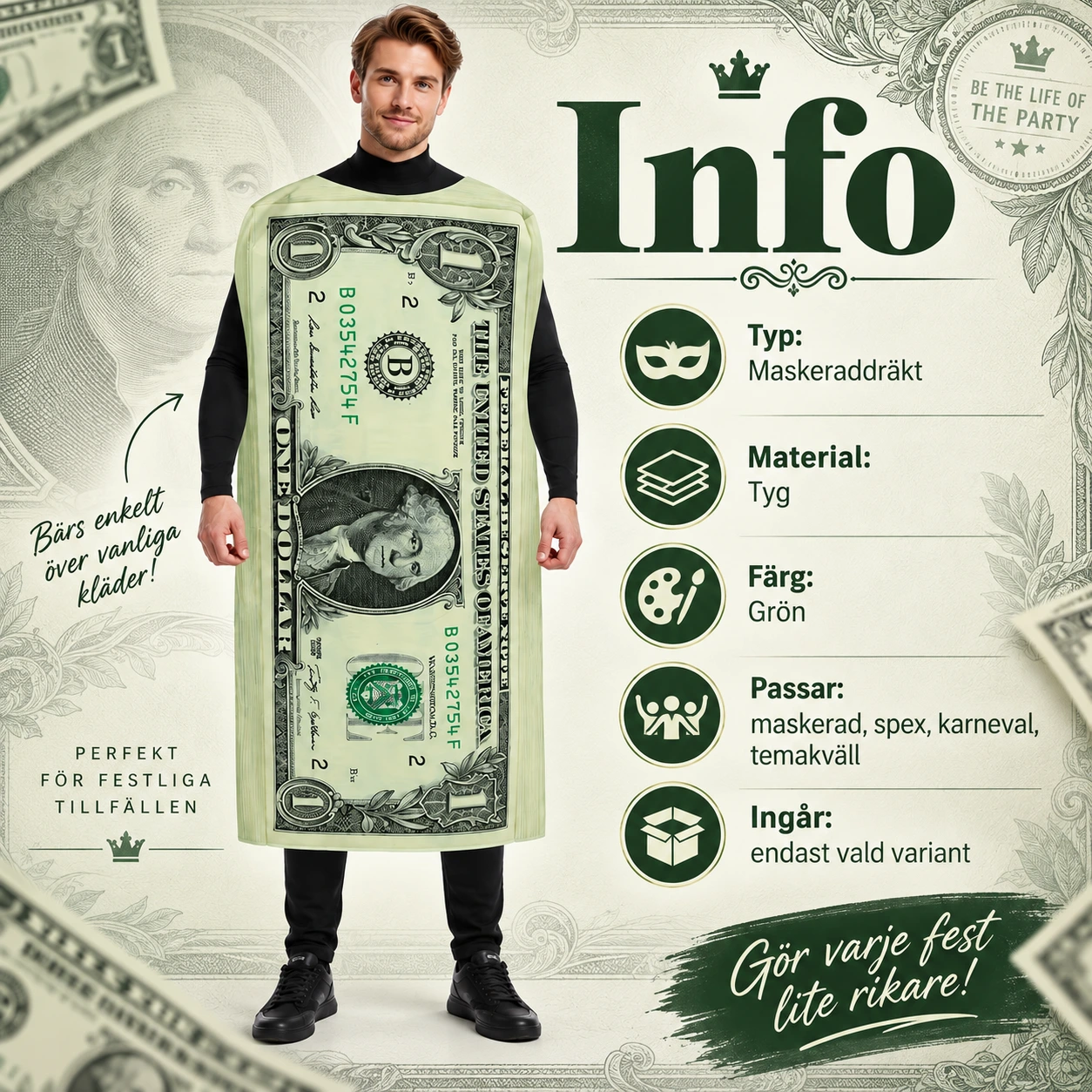 Aikuisten vihreä dollariseteli-naamiaisasu