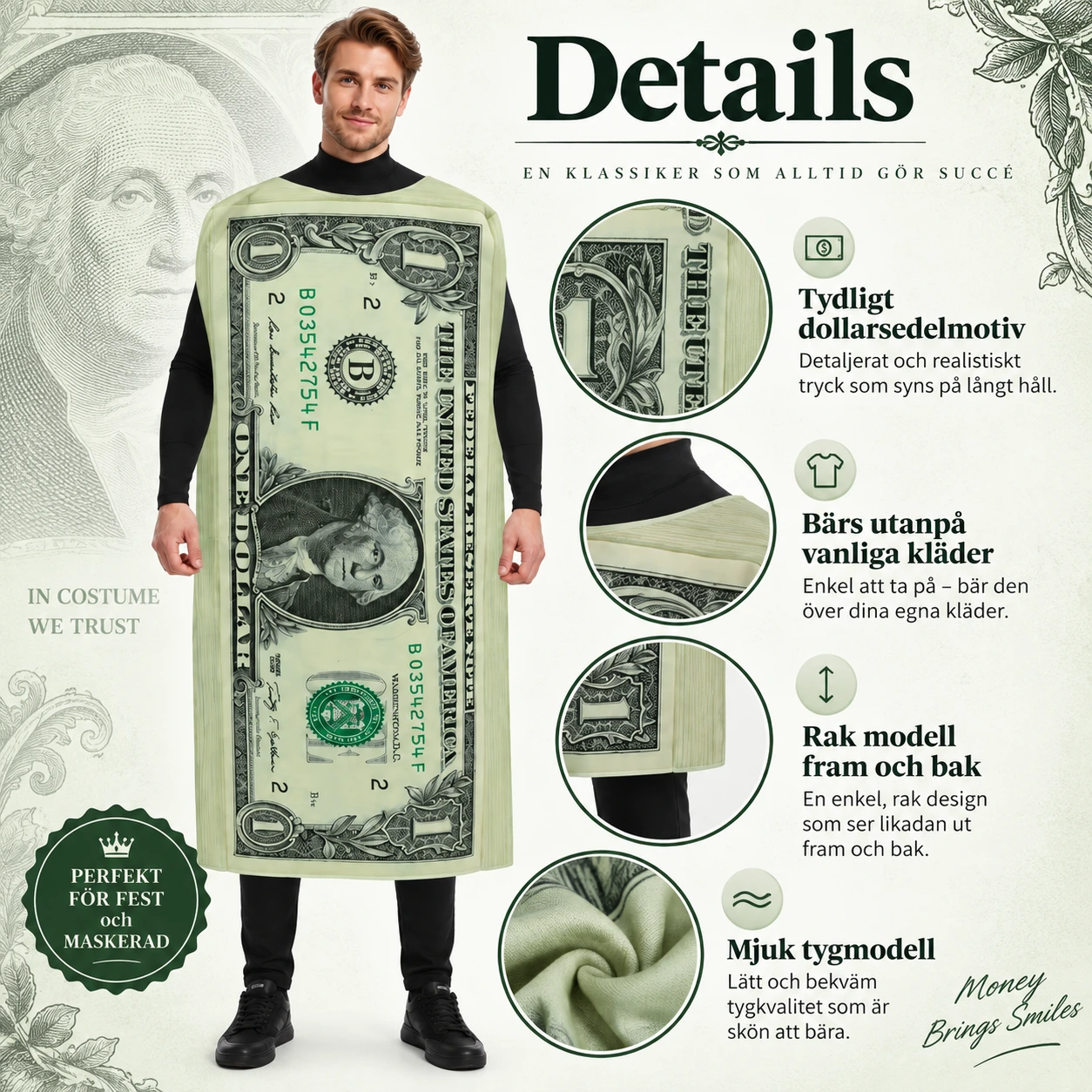 Aikuisten vihreä dollariseteli-naamiaisasu