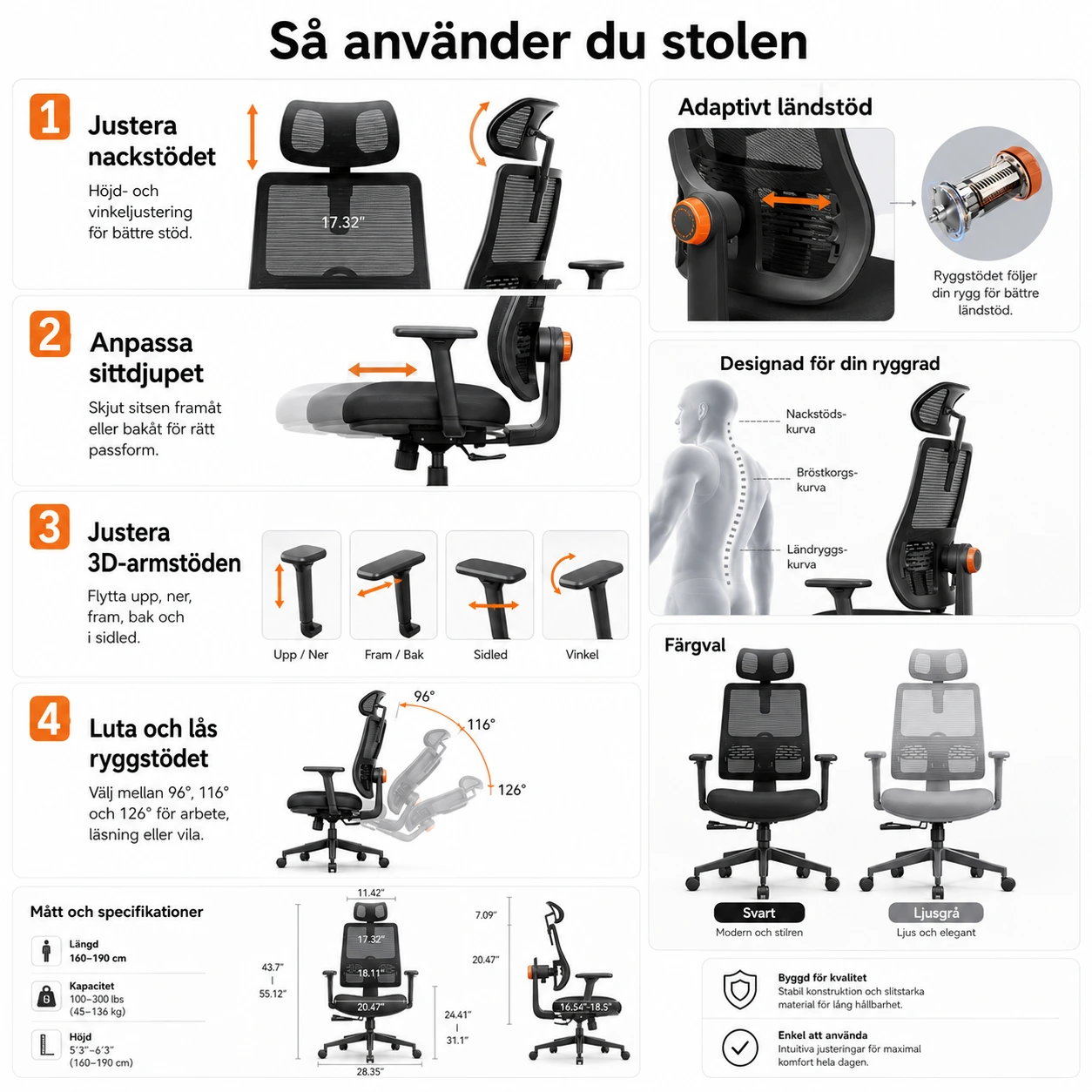 Ergonomisk Kontorsstol med Nät och Ryggstöd