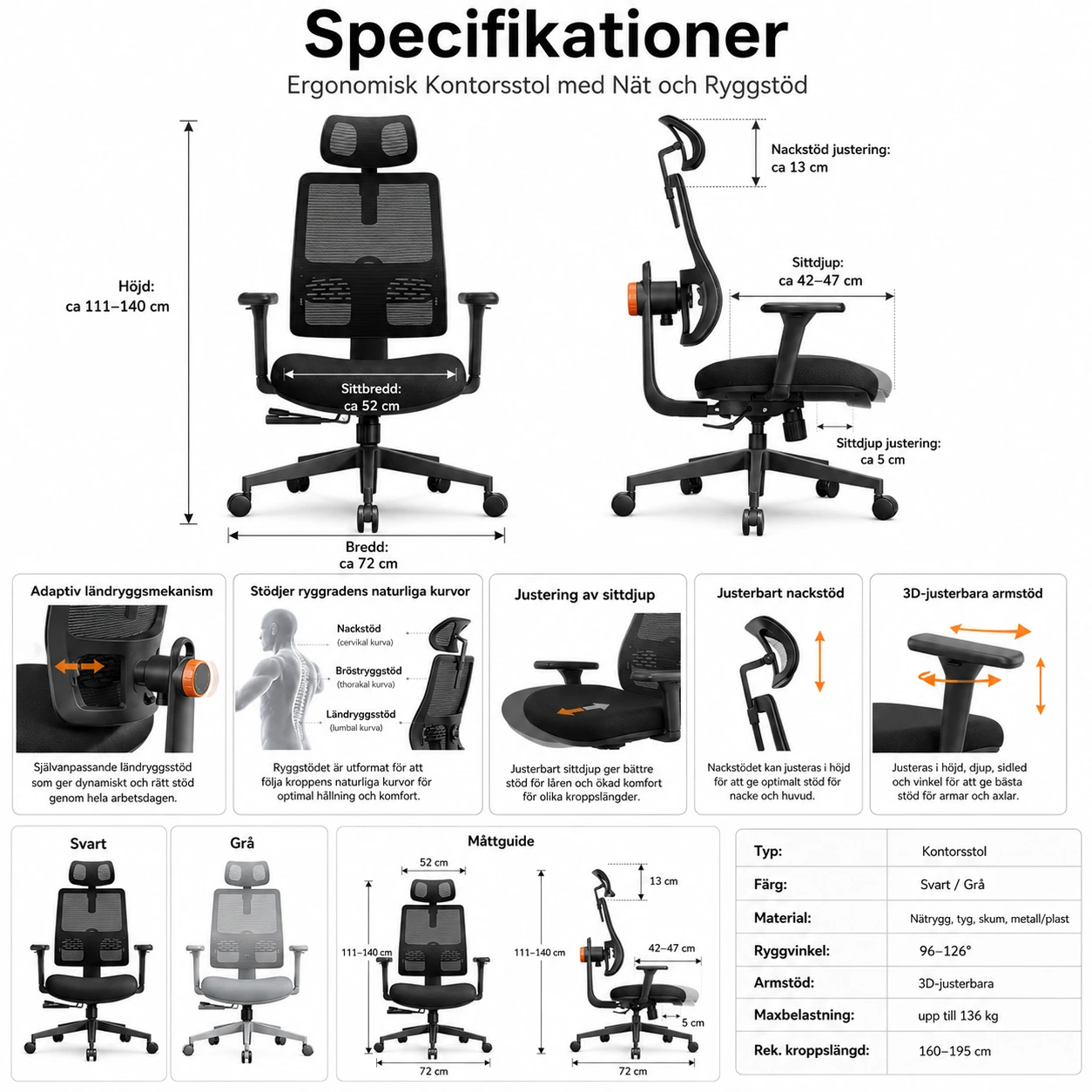 Ergonomisk Kontorsstol med Nät och Ryggstöd