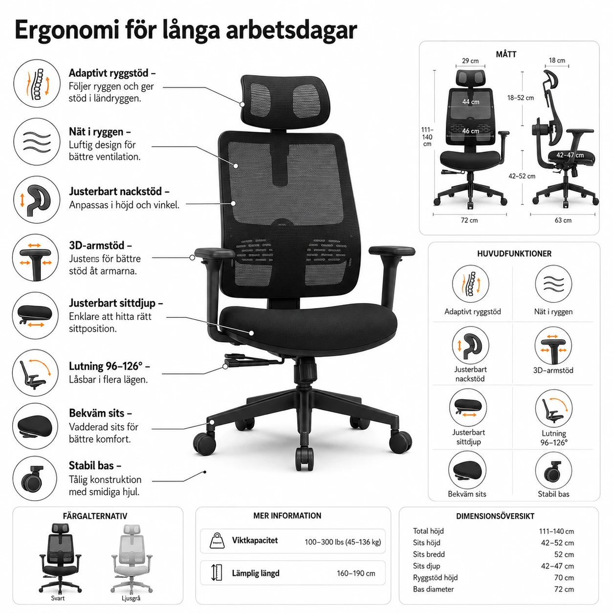 Ergonomisk Kontorsstol med Nät och Ryggstöd