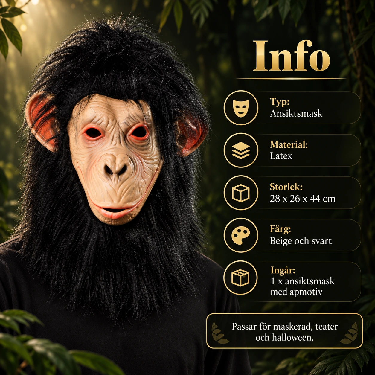 Apemaske i lateks med svart hår