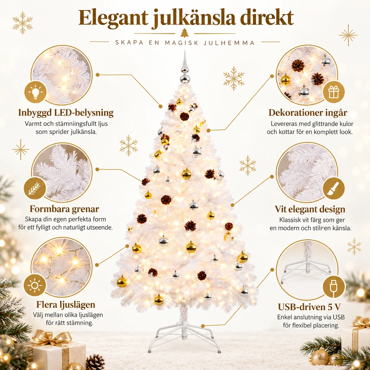 Kunstig hvitt juletre 180 cm med LED-belysning