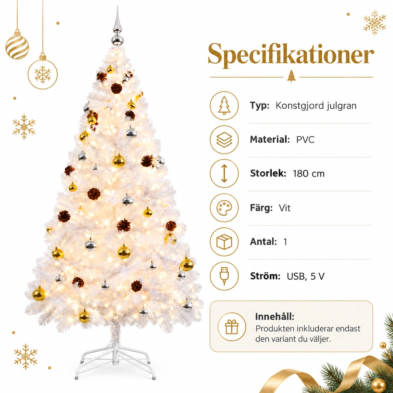 Kunstig hvitt juletre 180 cm med LED-belysning