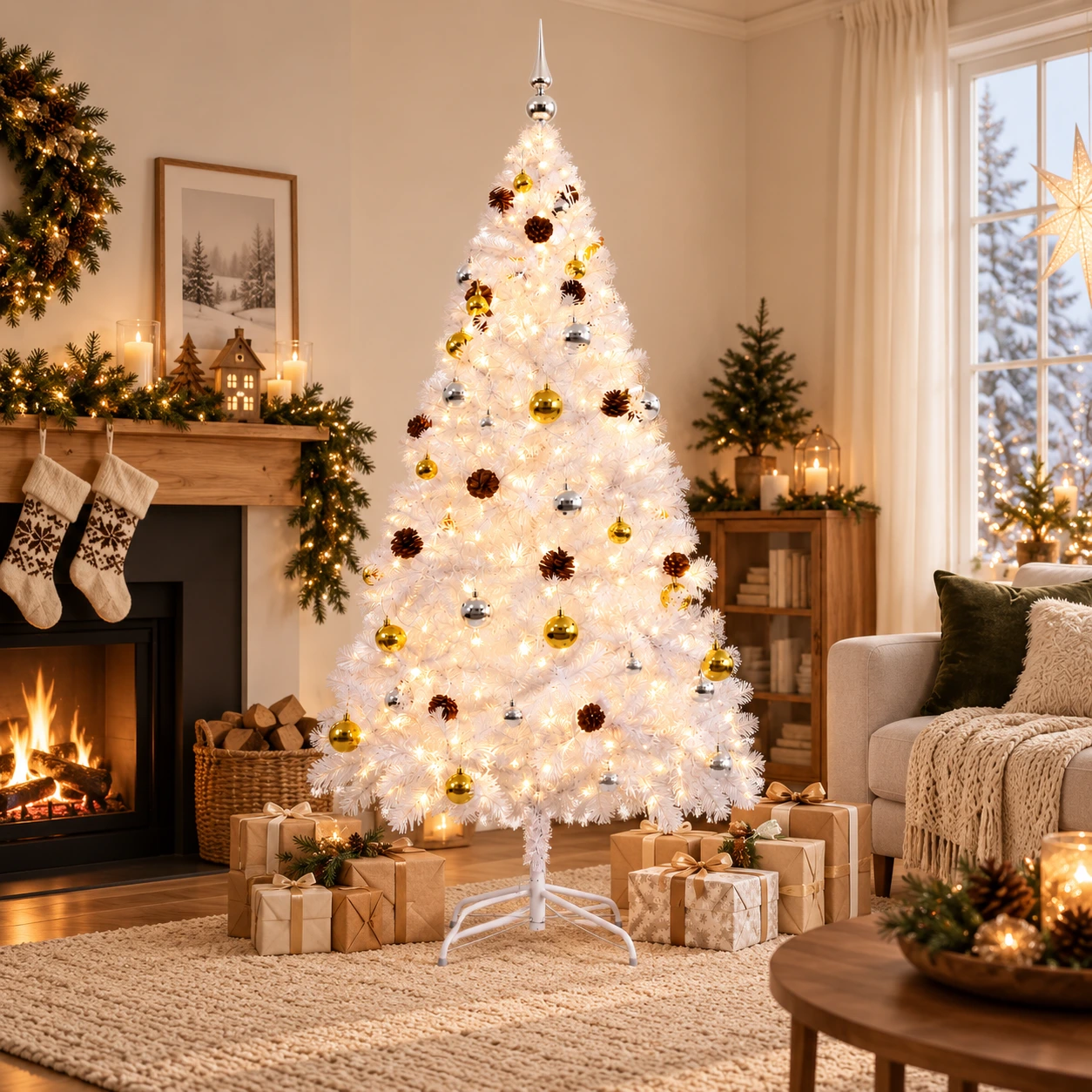 Kunstig hvitt juletre 180 cm med LED-belysning