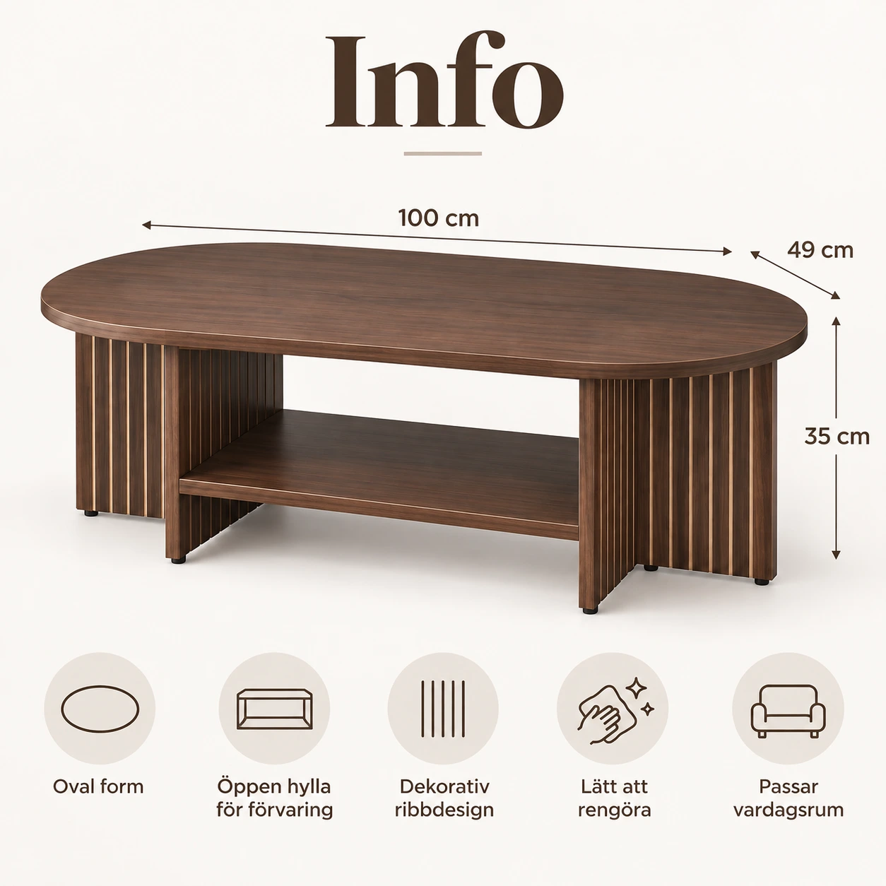 Ovaali MDF-sohvapöytä säilytyshyllyllä, 100 x 49 x 35 cm