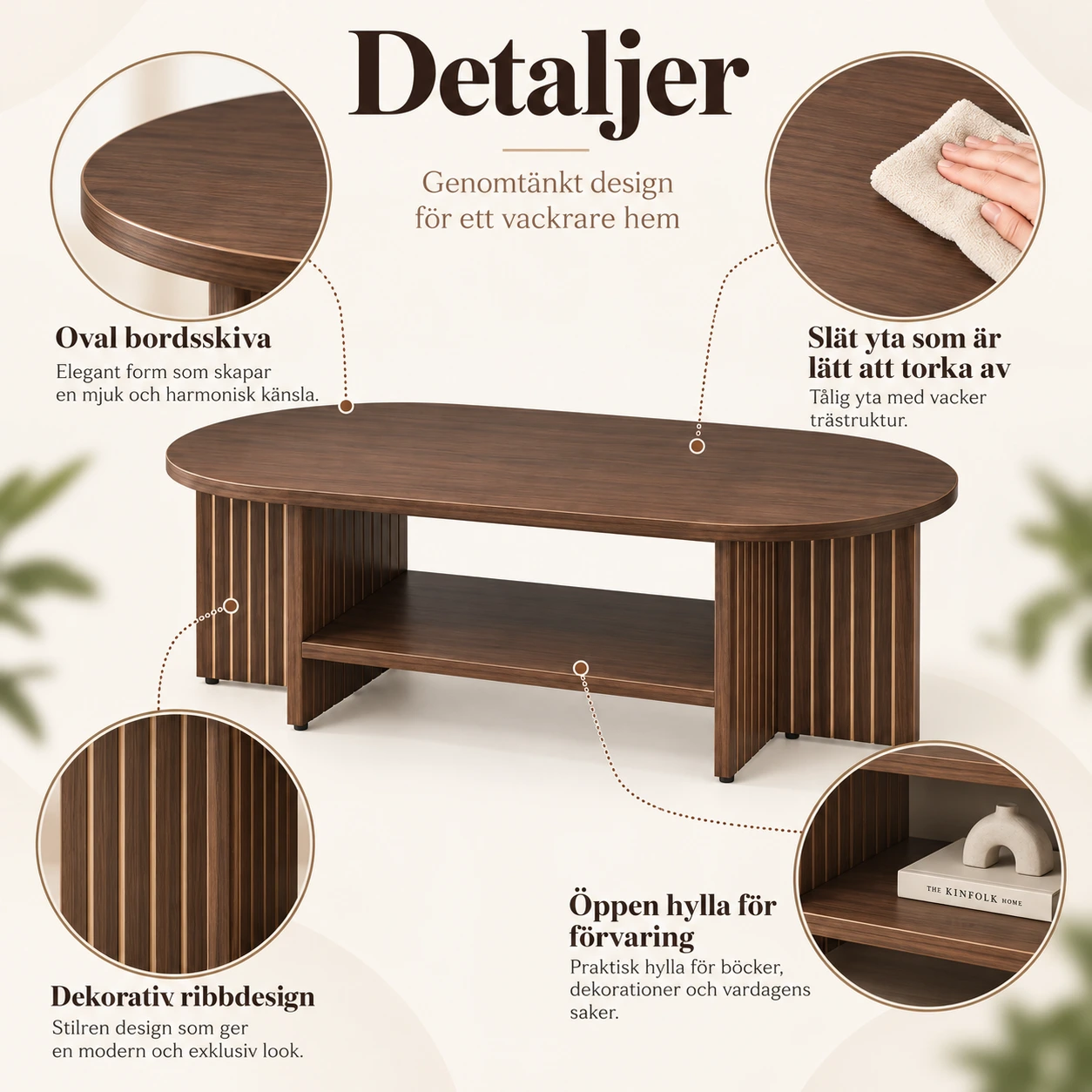Ovalt soffbord i MDF med förvaring, 100 x 49 x 35 cm