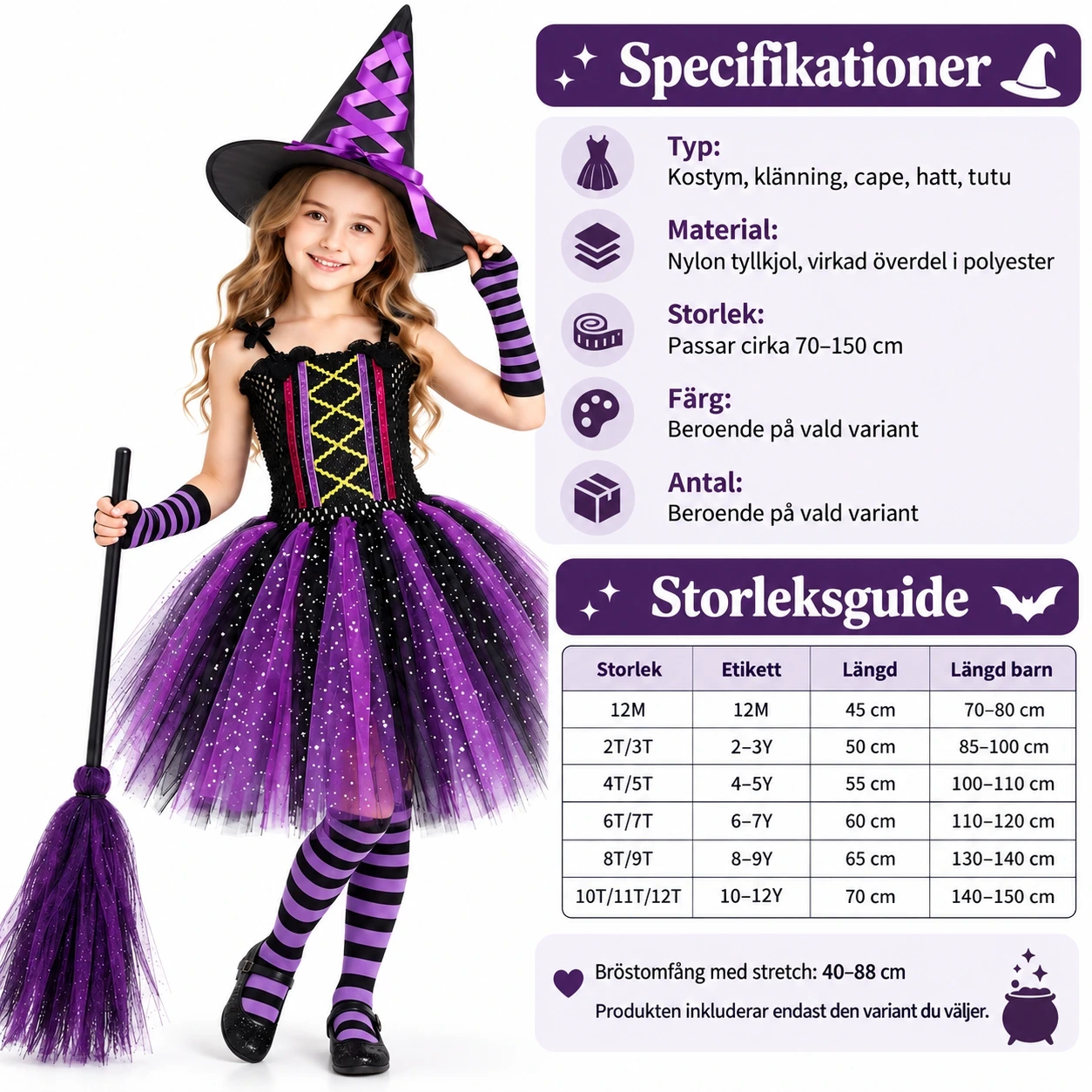 Häxdräkt för barn till halloween och maskerad