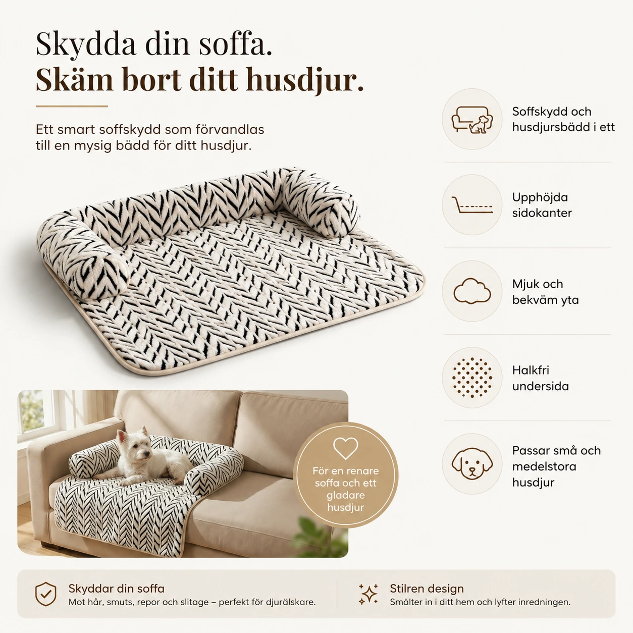Soffskydd för husdjur med sidokanter och halkfri botten