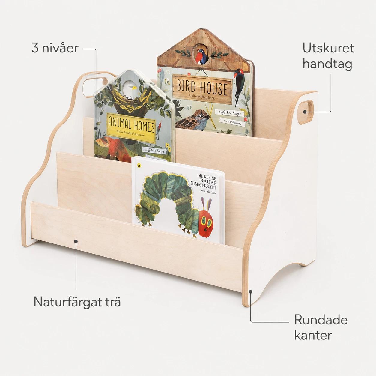 Barnbokhylla med 3 nivåer för barnrum