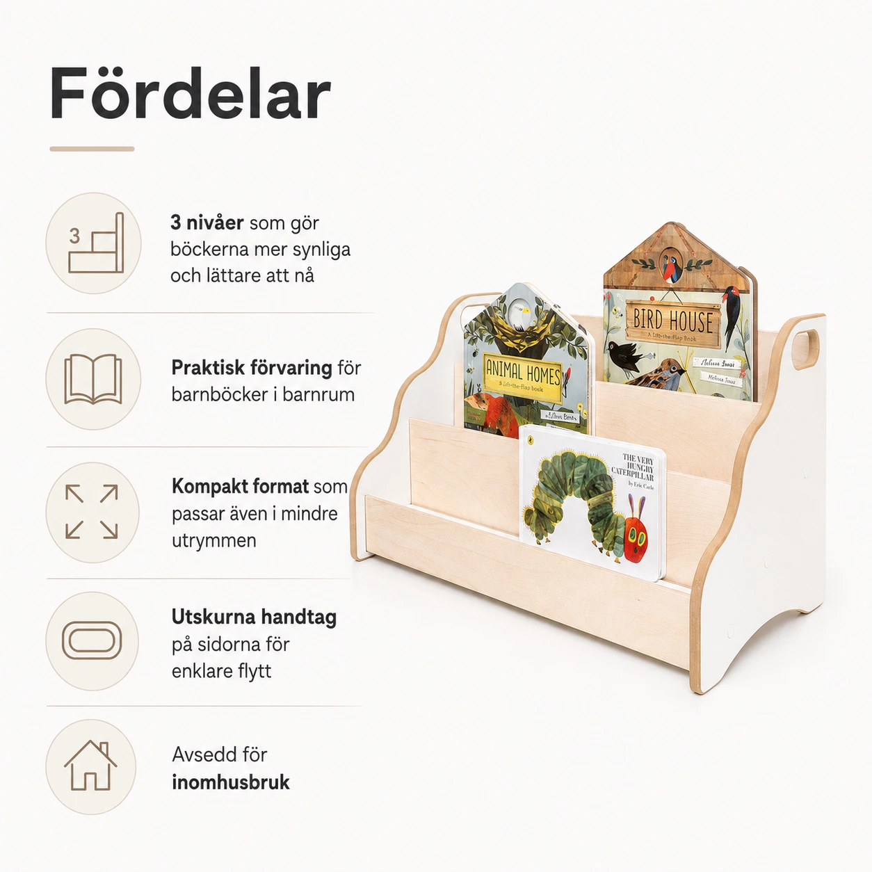 Barnbokhylla med 3 nivåer för barnrum