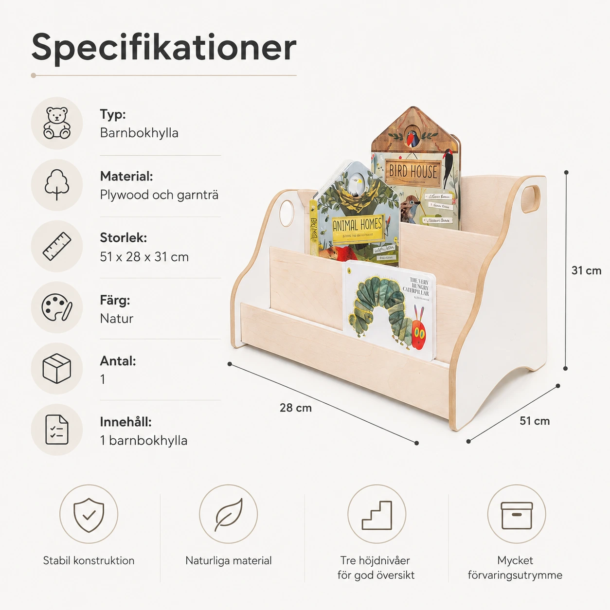 Barnbokhylla med 3 nivåer för barnrum