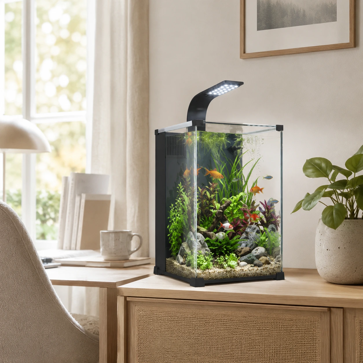 Nanoakvarium med inbyggt filter och LED-belysning
