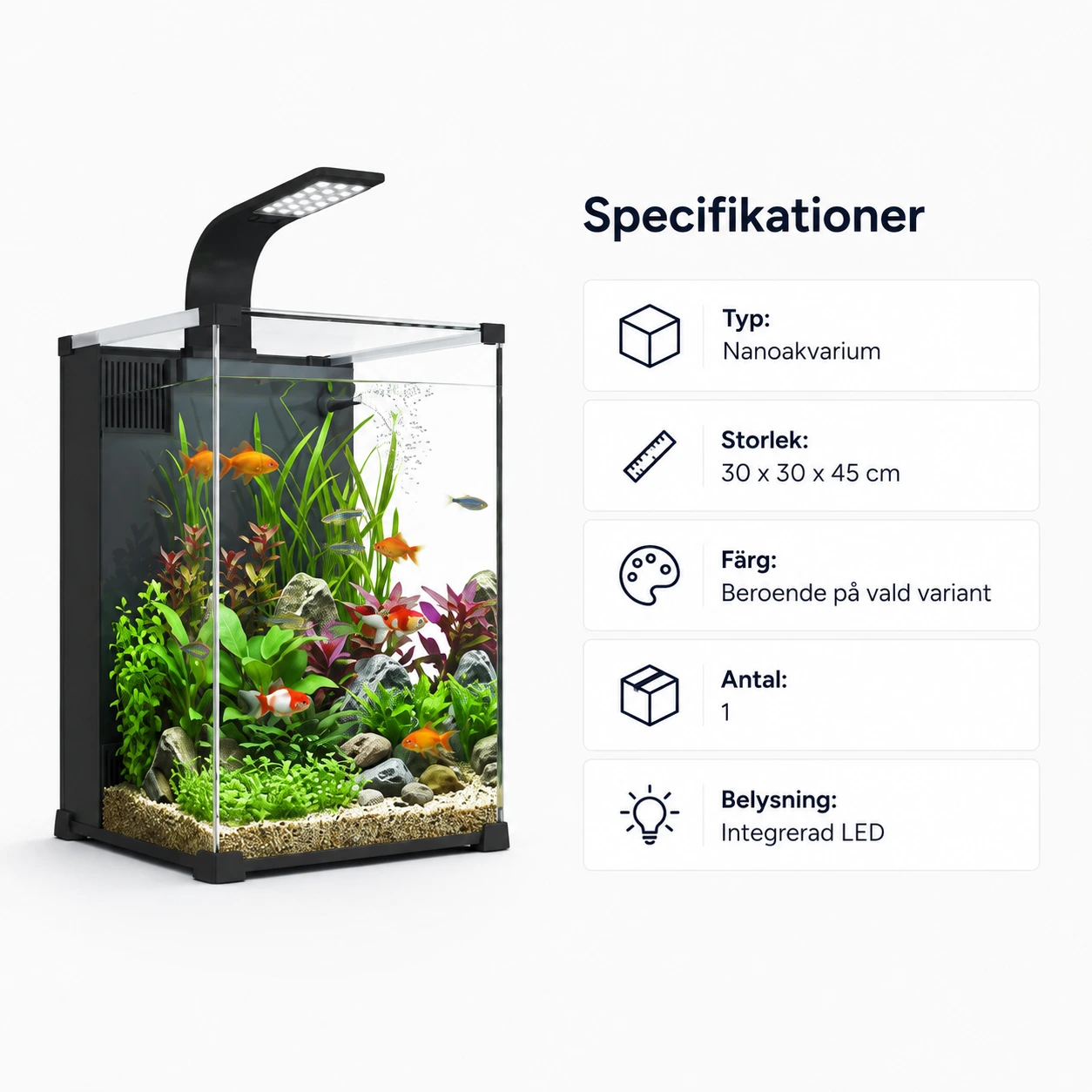 Nanoakvarium med inbyggt filter och LED-belysning