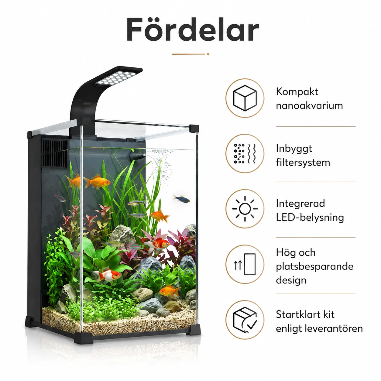 Nanoakvarium med inbyggt filter och LED-belysning